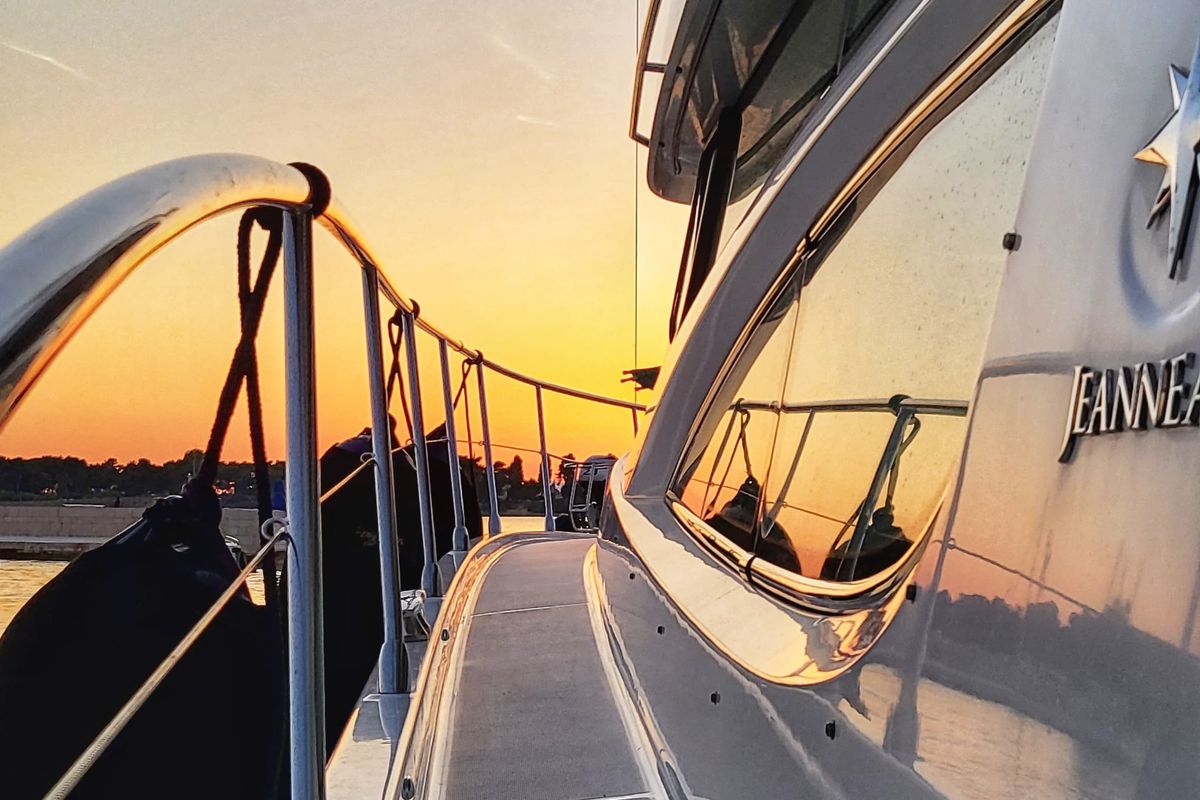 Deck of UNPLUGGED, a Prestige 46 Fly motorboat at Split, Croatia