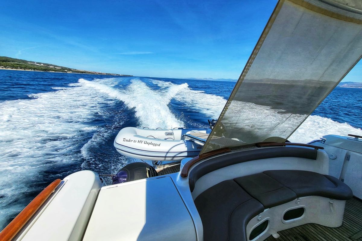 Deck of UNPLUGGED, a Prestige 46 Fly motorboat at Split, Croatia
