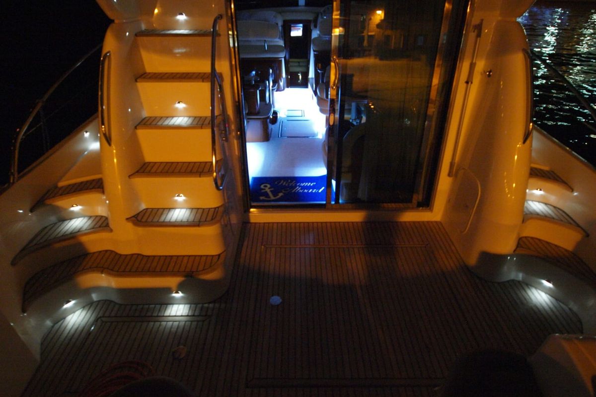Deck of UNPLUGGED, a Prestige 46 Fly motorboat at Split, Croatia