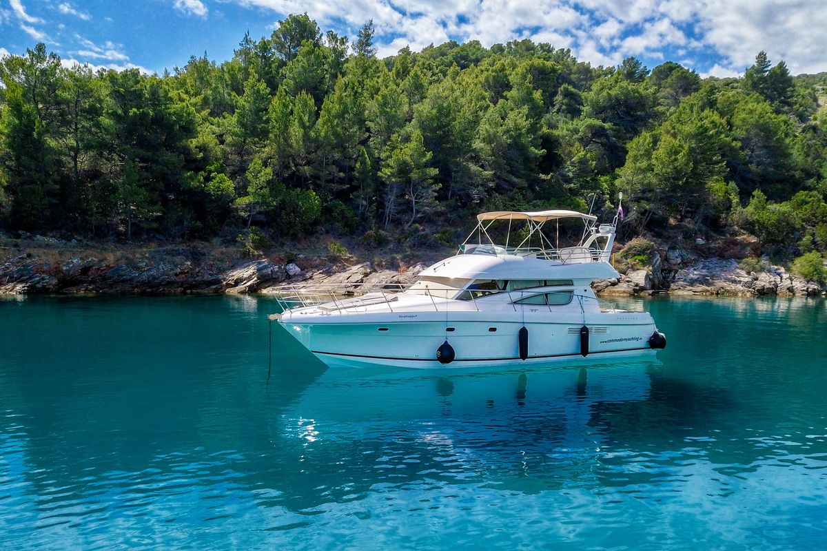 Exterior view of UNPLUGGED, a Prestige 46 Fly motorboat at Split, Croatia