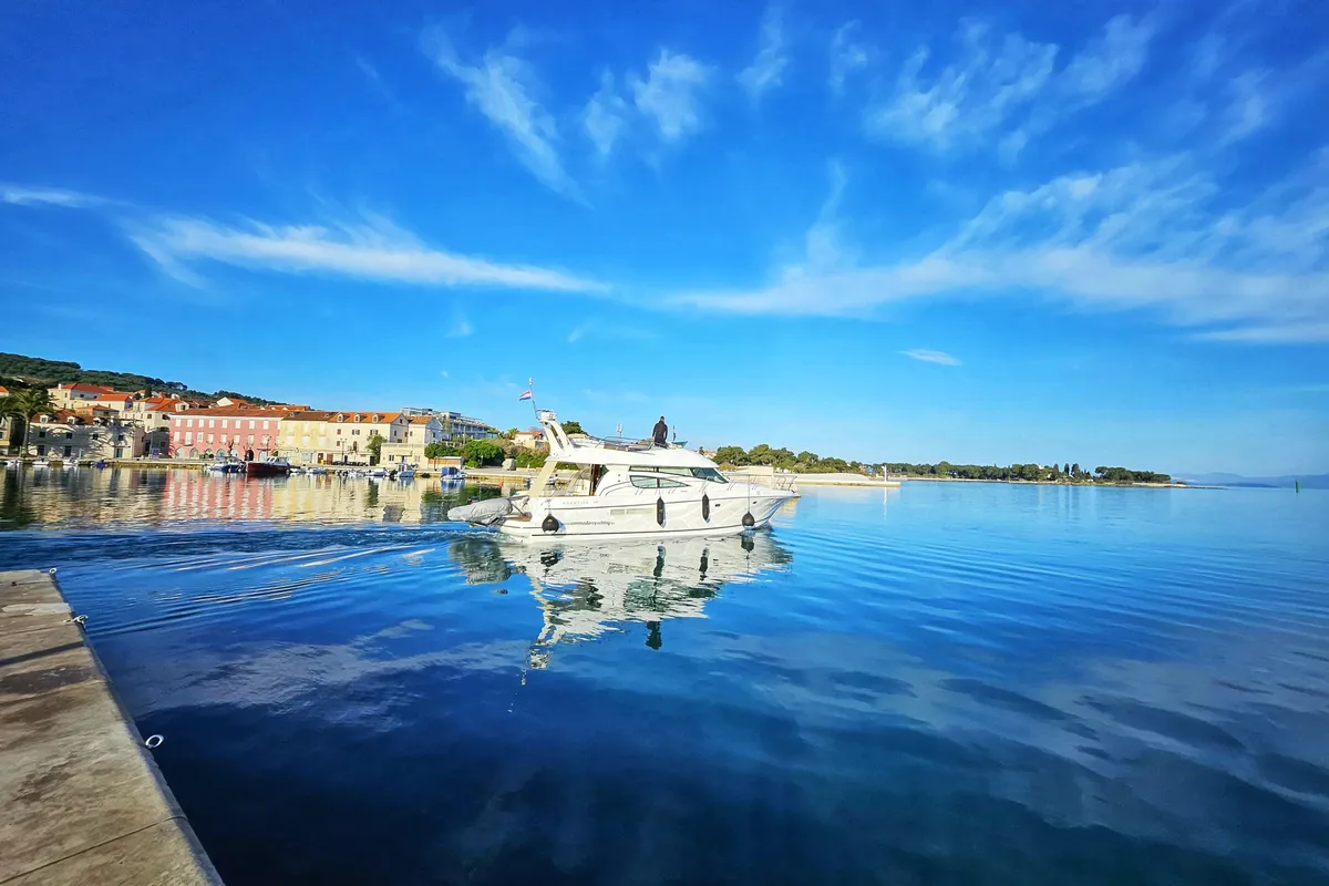 Exterior view of UNPLUGGED, a Prestige 46 Fly motorboat at Split, Croatia