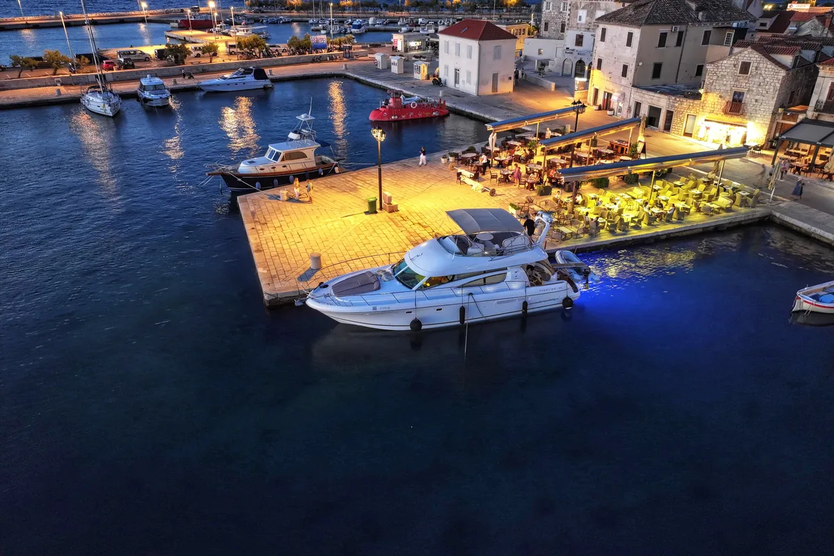 Exterior view of UNPLUGGED, a Prestige 46 Fly motorboat at Split, Croatia