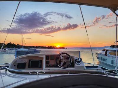 Cockpit of UNPLUGGED, a Prestige 46 Fly motorboat at Split, Croatia
