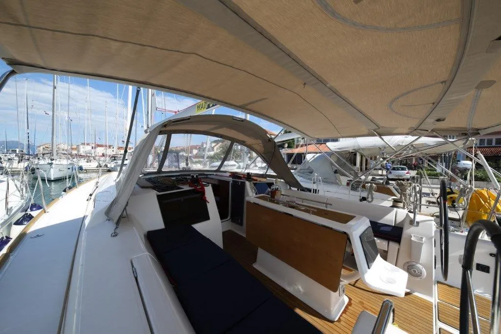 Deck of Matul, a Dufour 412 GL sailboat at Split, Croatia