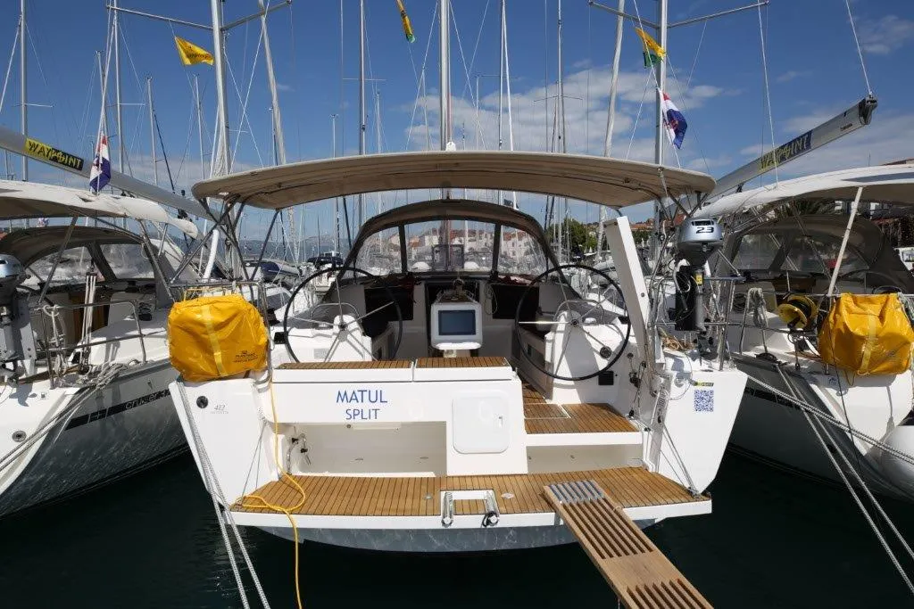 Deck of Matul, a Dufour 412 GL sailboat at Split, Croatia