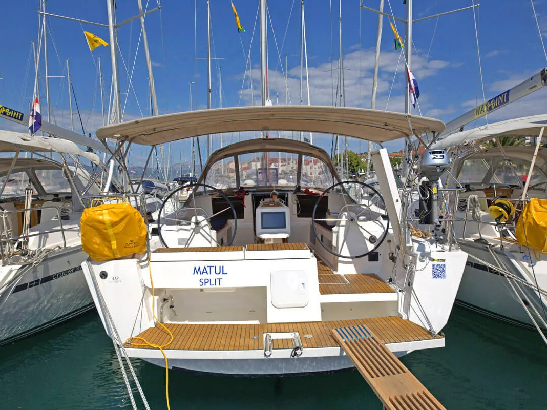 Exterior view of Matul, a Dufour 412 GL sailboat at Split, Croatia