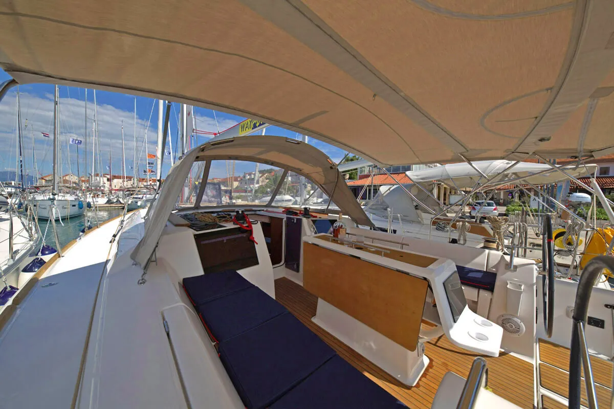 Deck of Matul, a Dufour 412 GL sailboat at Split, Croatia