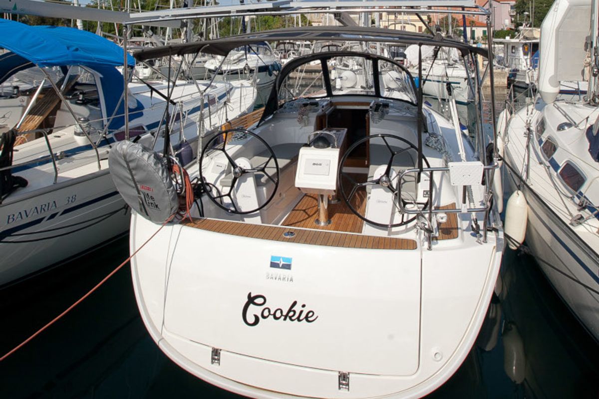 Exterior view of Cookie, a Bavaria Cruiser 34 Style sailboat at Zadar, Croatia