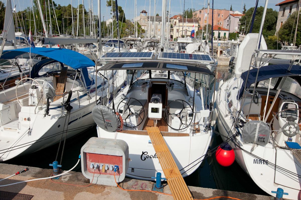 Exterior view of Cookie, a Bavaria Cruiser 34 Style sailboat at Zadar, Croatia