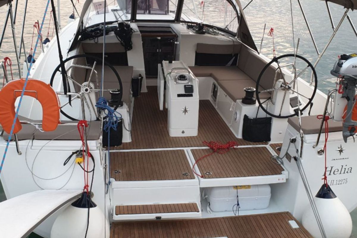 Cockpit of Helia, a Jeanneau Sun Odyssey 490 sailboat at Volos Municipality, Greece