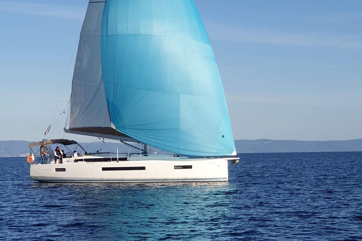 Exterior view of Helia, a Jeanneau Sun Odyssey 490 sailboat at Volos Municipality, Greece