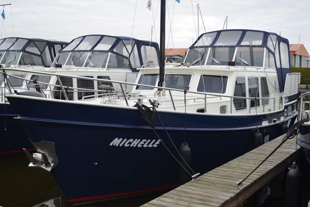 Exterior view of Michelle, a De Drait Kotterjacht 12.2 GL motorboat at Woudsend, Netherlands