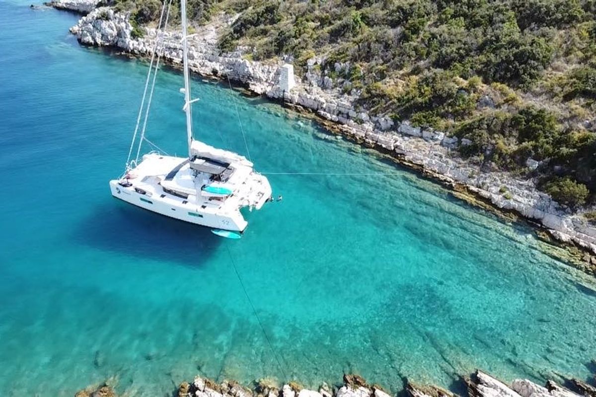Exterior view of Discovery I, a Lagoon 52F catamaran at Općina Marina, Croatia