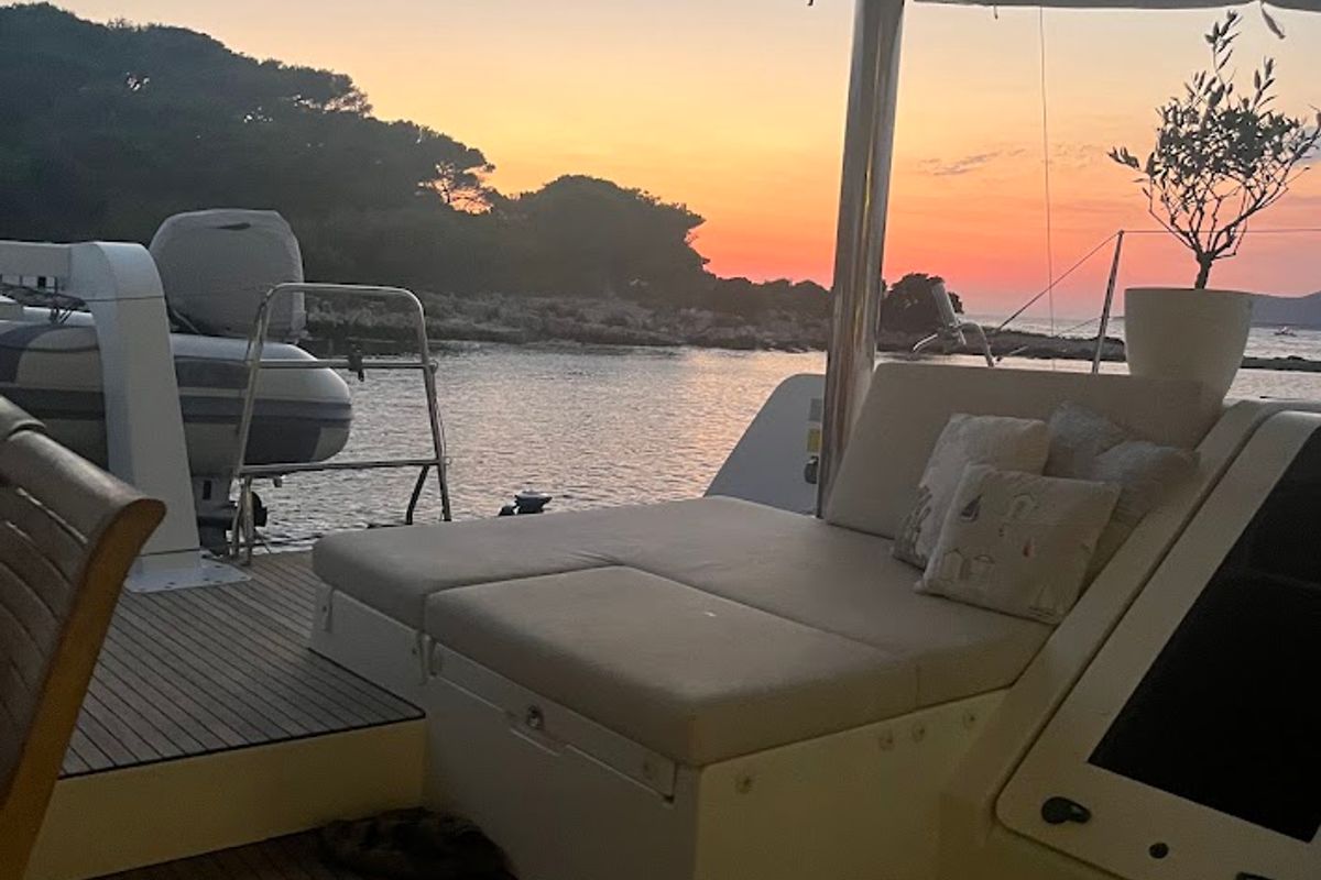 Deck of Discovery I, a Lagoon 52F catamaran at Općina Marina, Croatia
