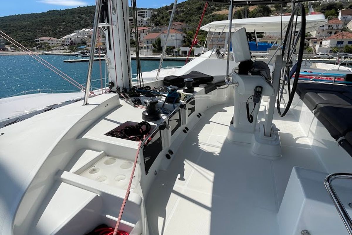 Cockpit of Discovery I, a Lagoon 52F catamaran at Općina Marina, Croatia