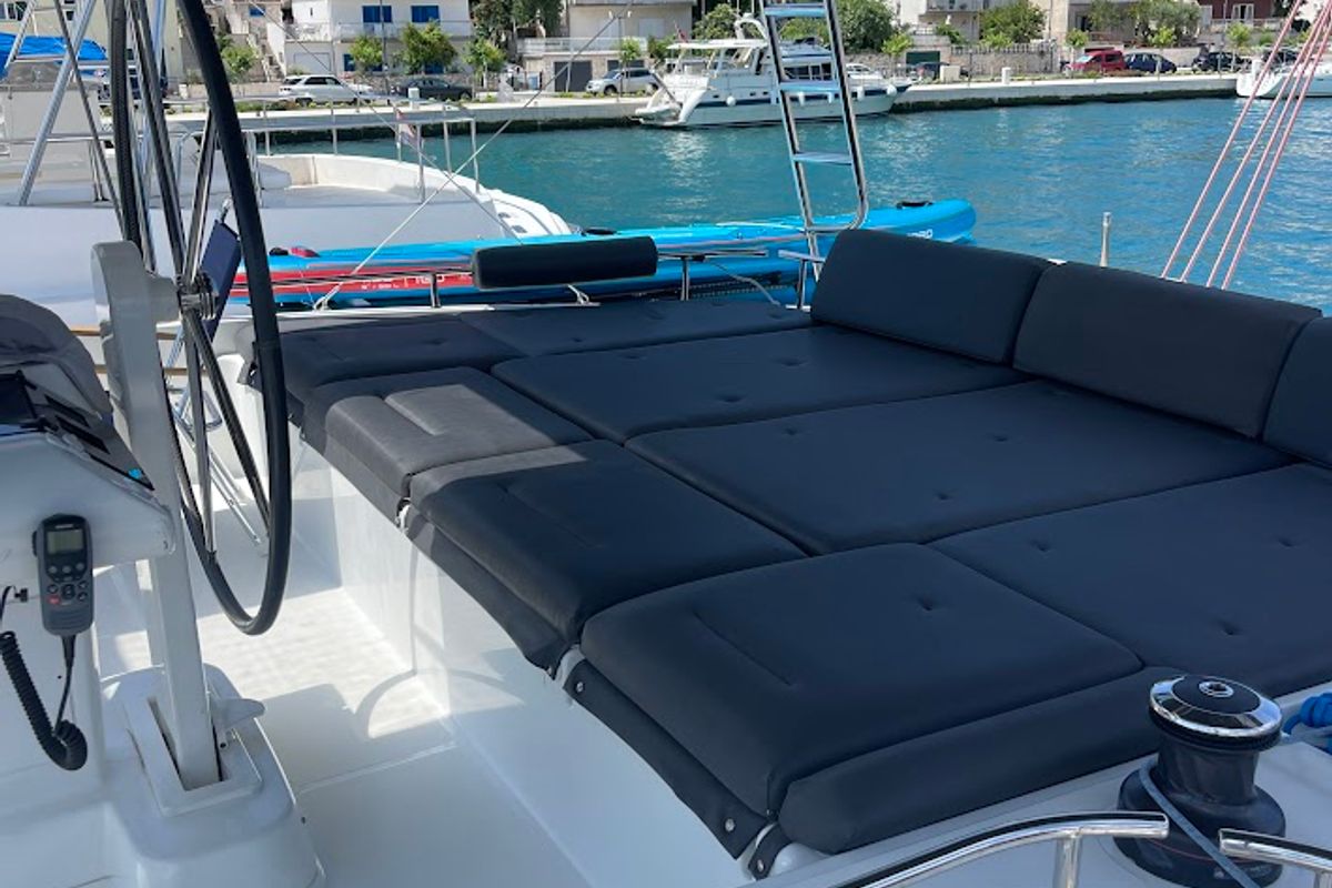 Deck of Discovery I, a Lagoon 52F catamaran at Općina Marina, Croatia