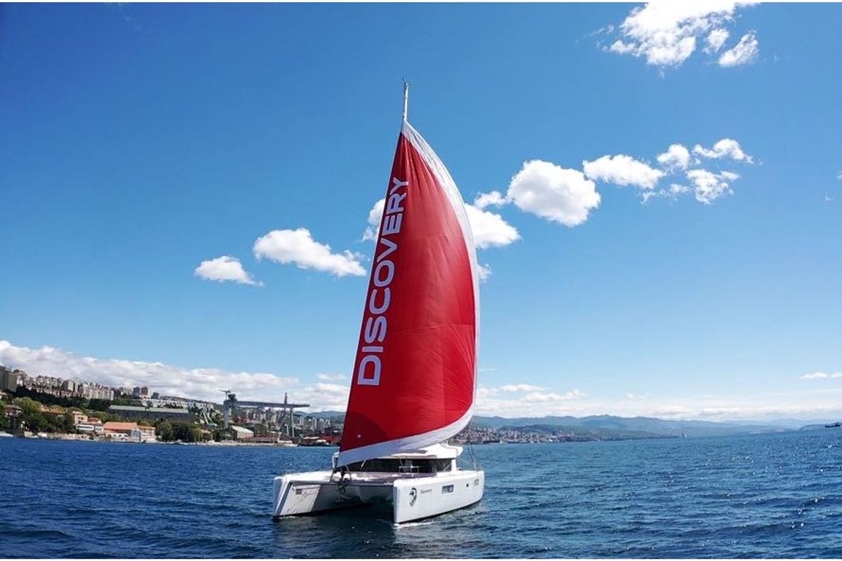 Exterior view of Discovery I, a Lagoon 52F catamaran at Općina Marina, Croatia