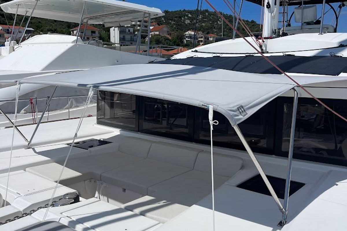 Deck of Discovery I, a Lagoon 52F catamaran at Općina Marina, Croatia