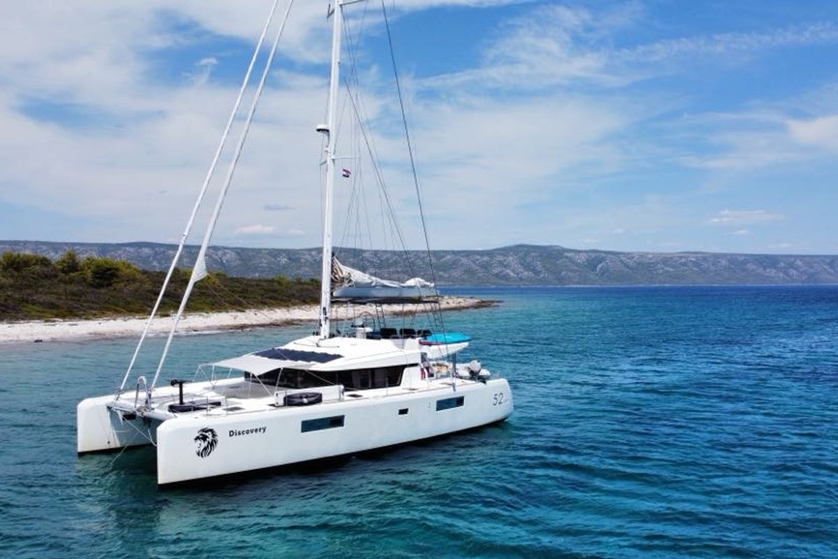 Exterior view of Discovery I, a Lagoon 52F catamaran at Općina Marina, Croatia