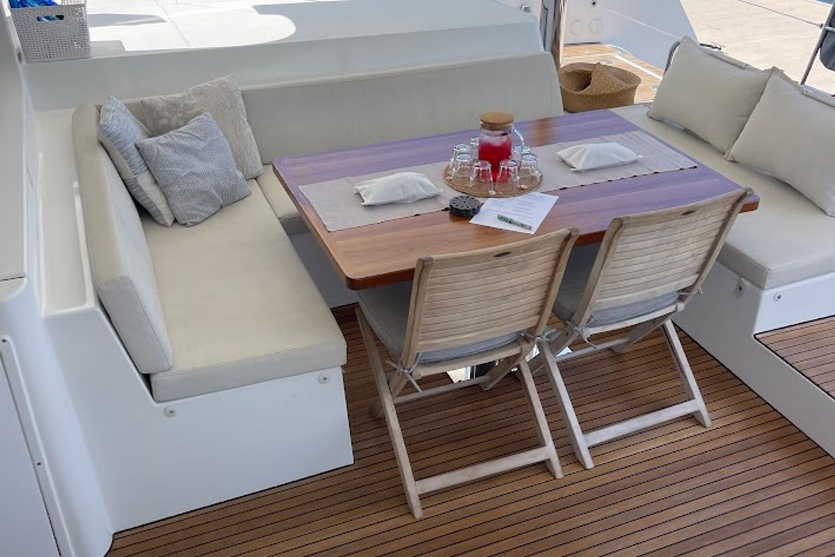 Deck of Discovery I, a Lagoon 52F catamaran at Općina Marina, Croatia