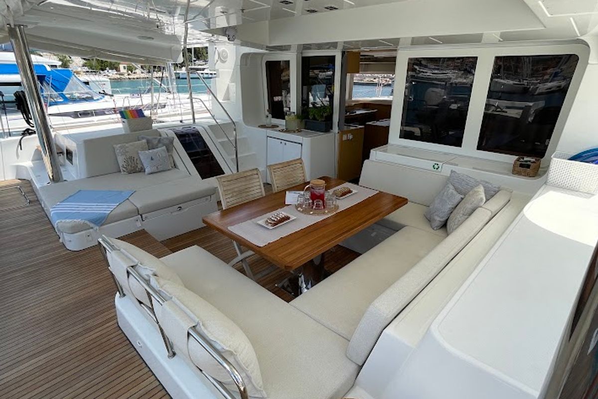 Deck of Discovery I, a Lagoon 52F catamaran at Općina Marina, Croatia