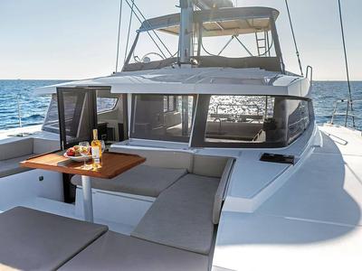 Deck of Kos 42.6, a Bali 4.2 catamaran at Preveza, Greece
