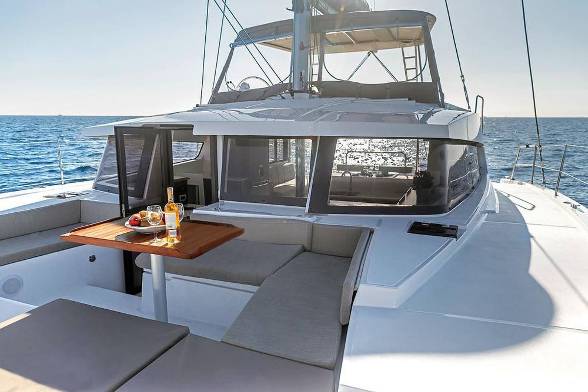 Deck of Kos 42.6, a Bali 4.2 catamaran at Preveza, Greece