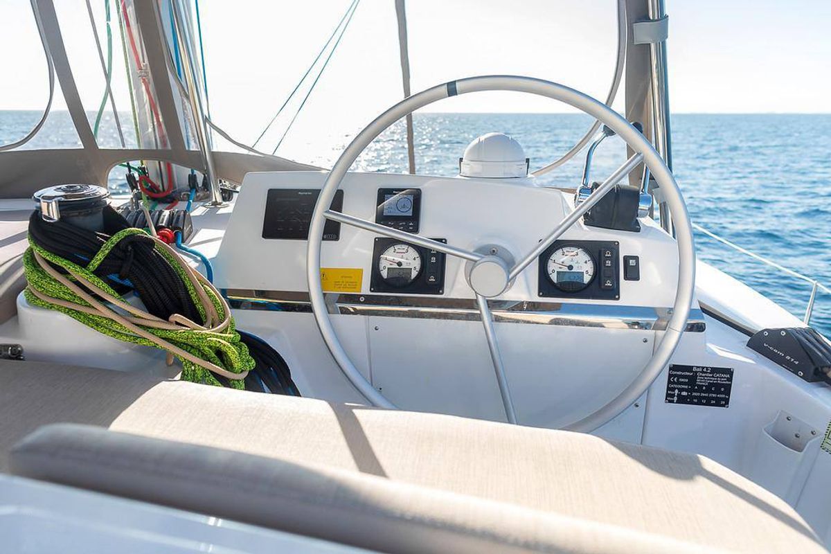 Cockpit of Kos 42.6, a Bali 4.2 catamaran at Preveza, Greece