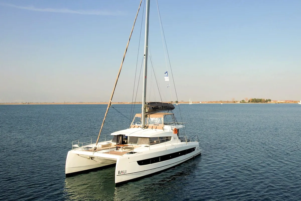 Exterior view of Kos 42.6, a Bali 4.2 catamaran at Preveza, Greece