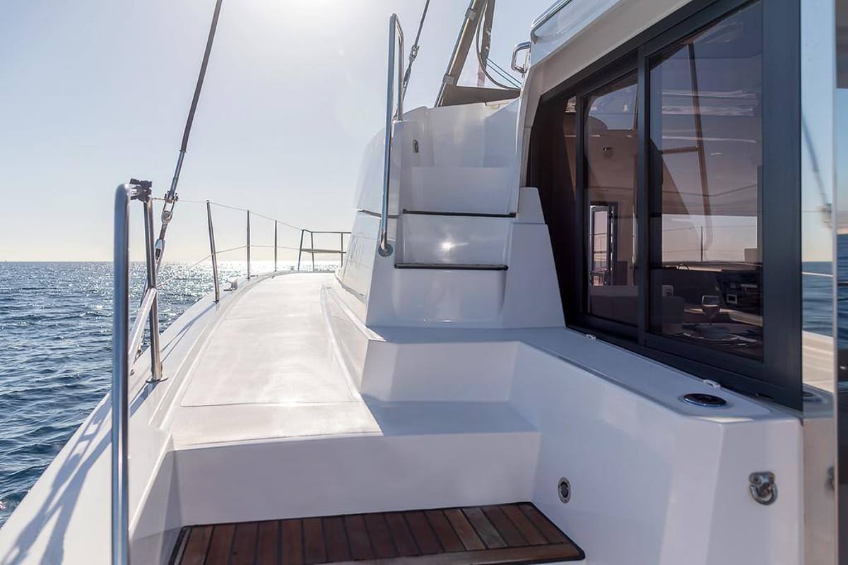 Deck of Kos 42.6, a Bali 4.2 catamaran at Preveza, Greece