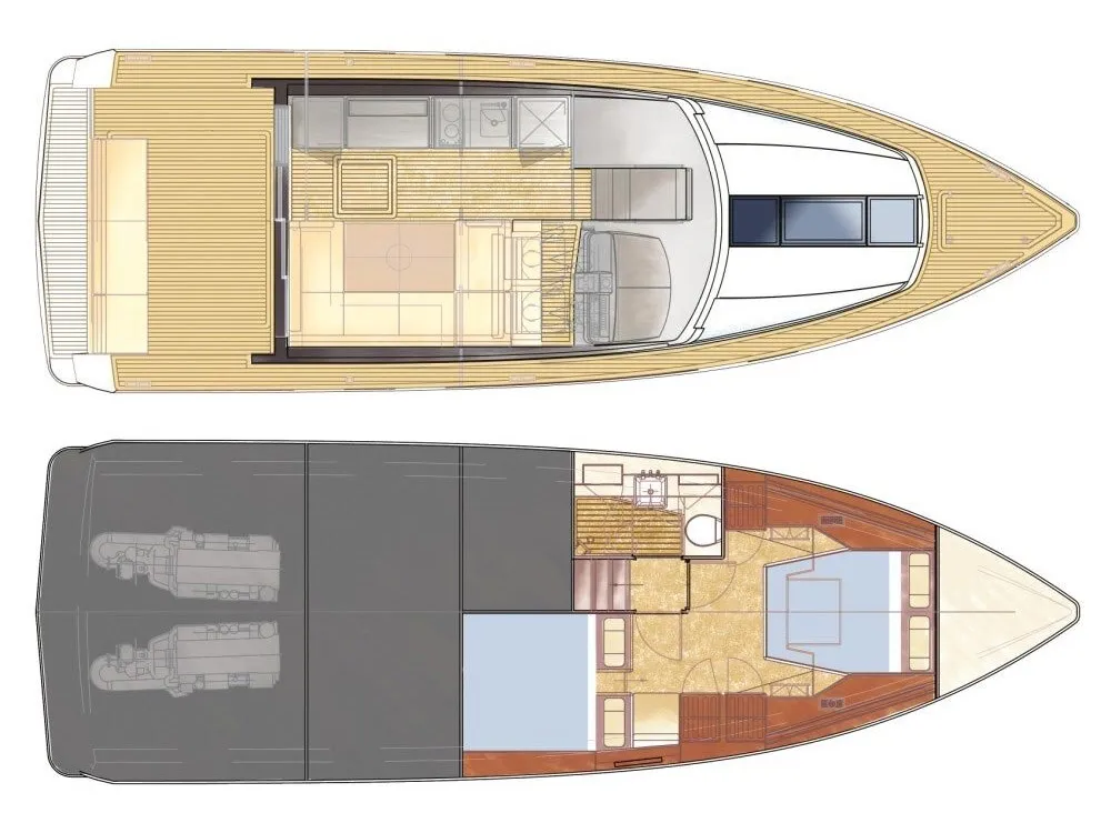 Floor plan of Shine IV, a Fjord Fjord 40 Cruiser motorboat at Kontokali, Greece