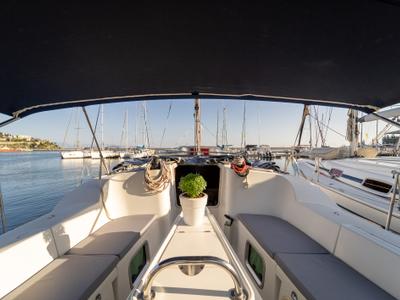 Cockpit of Mesogeios, a Jeanneau Sun Odyssey 42 i sailboat at Kavala, Greece