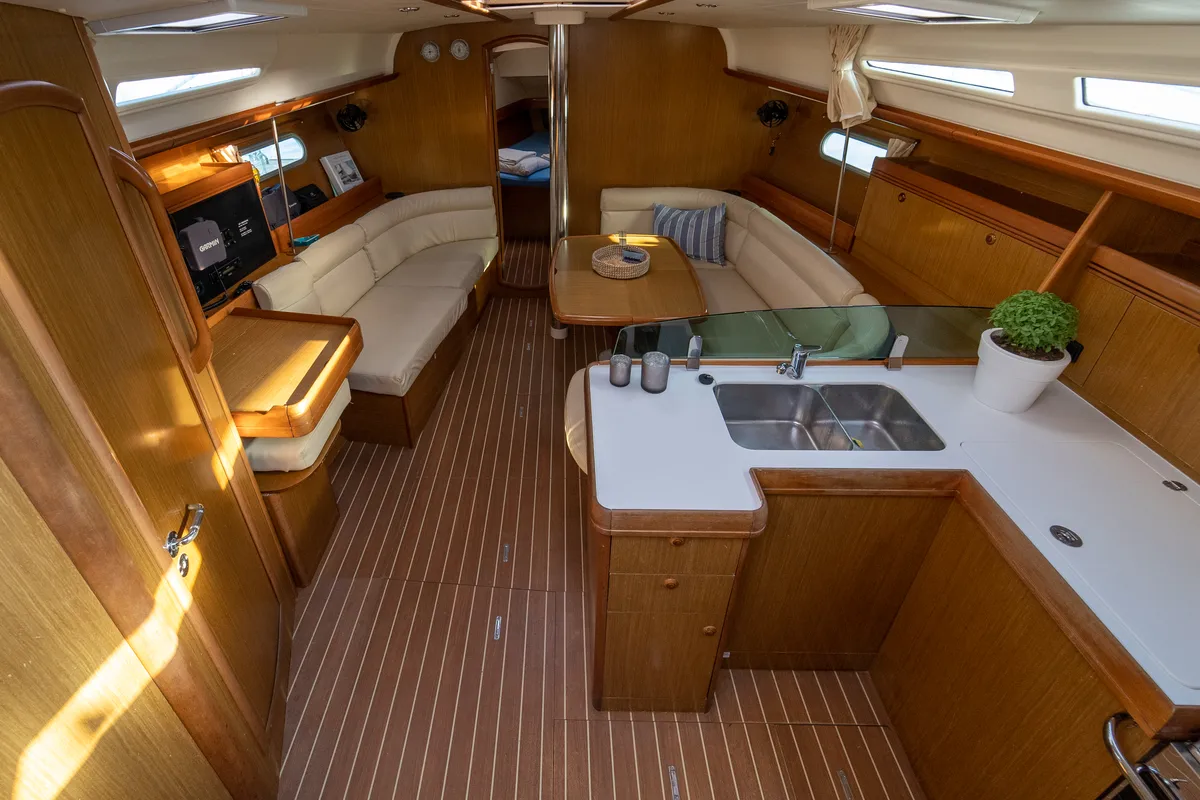 Salon of Mesogeios, a Jeanneau Sun Odyssey 42 i sailboat at Kavala, Greece