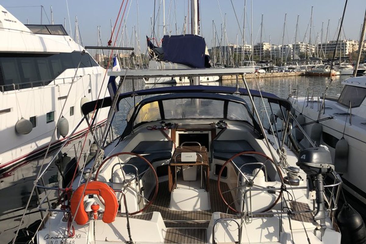 Cockpit of Christianna 12, a Jeanneau 53 sailboat at Athens, Greece