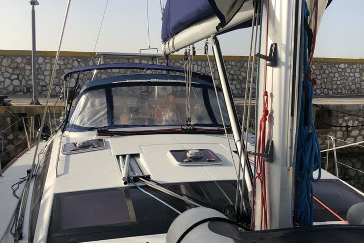 Deck of Christianna 12, a Jeanneau 53 sailboat at Athens, Greece