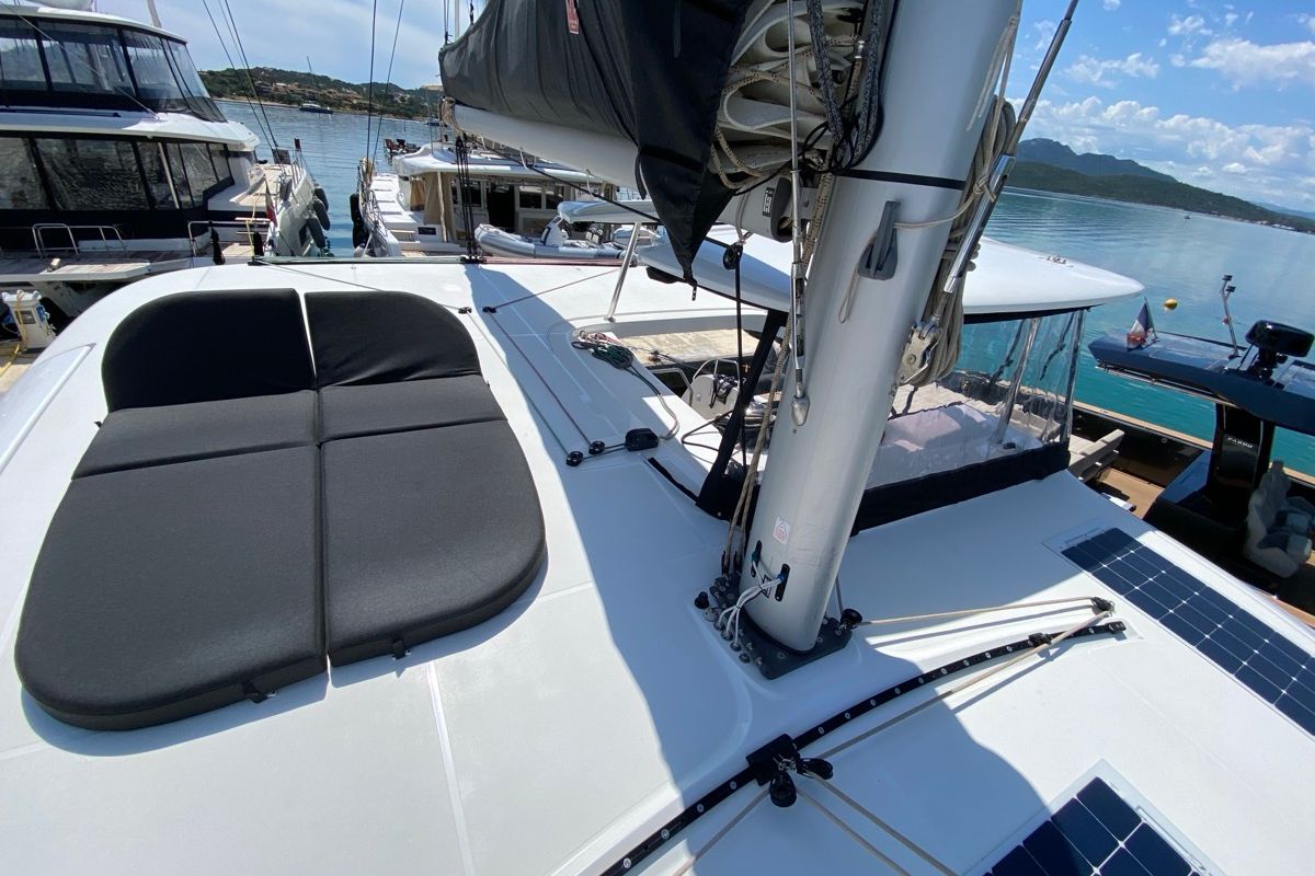 Deck of Cetus, a Lagoon 42 catamaran at Tonnarella, Italy
