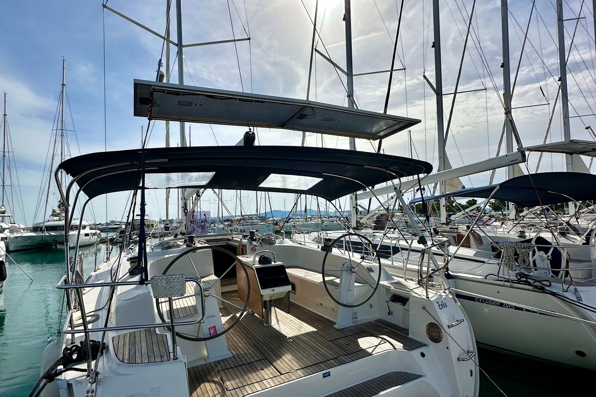 Cockpit of Zoilo, a Bavaria Cruiser 51 sailboat at Općina Sukošan, Croatia