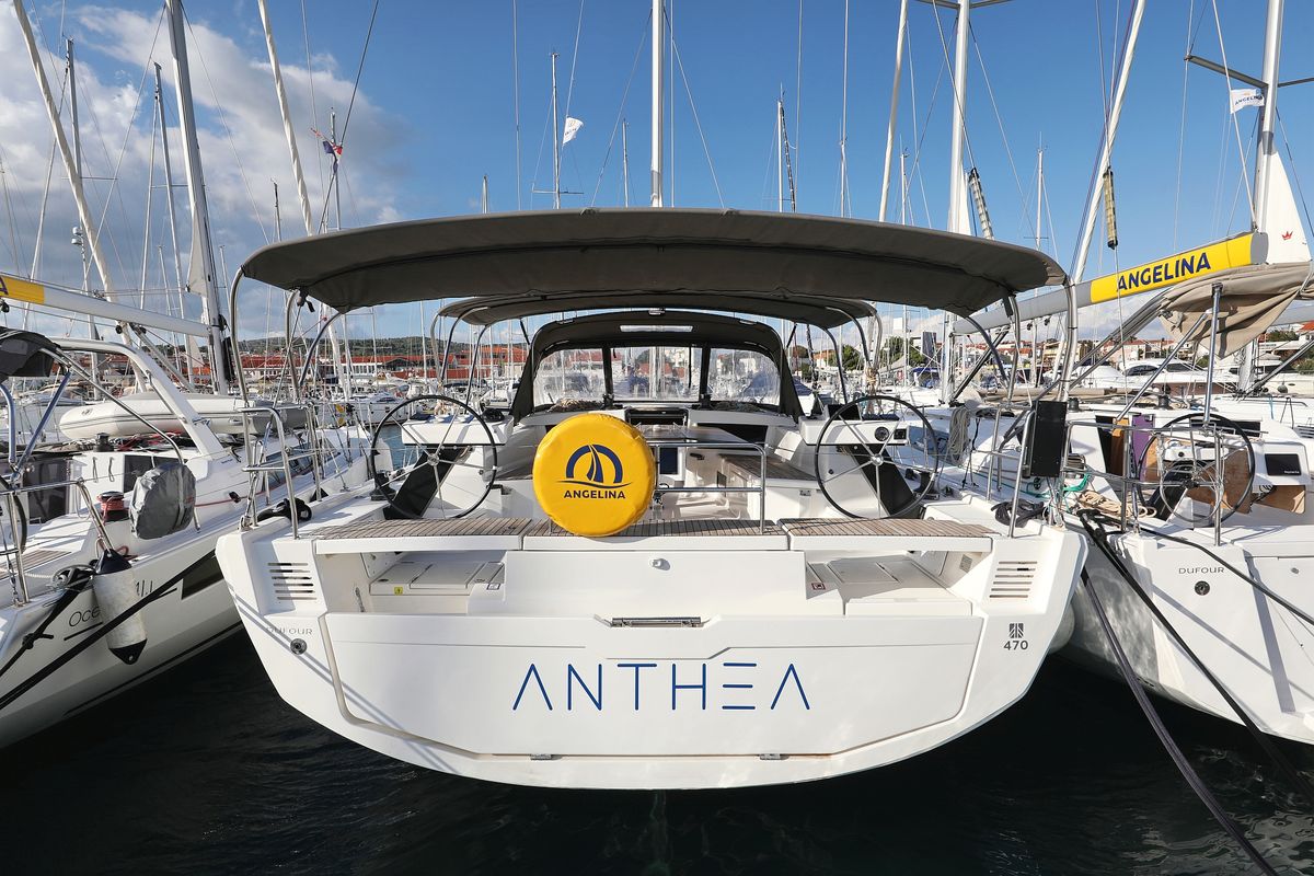 Exterior view of Anthea, a Dufour 470 sailboat at Grad Trogir, Croatia