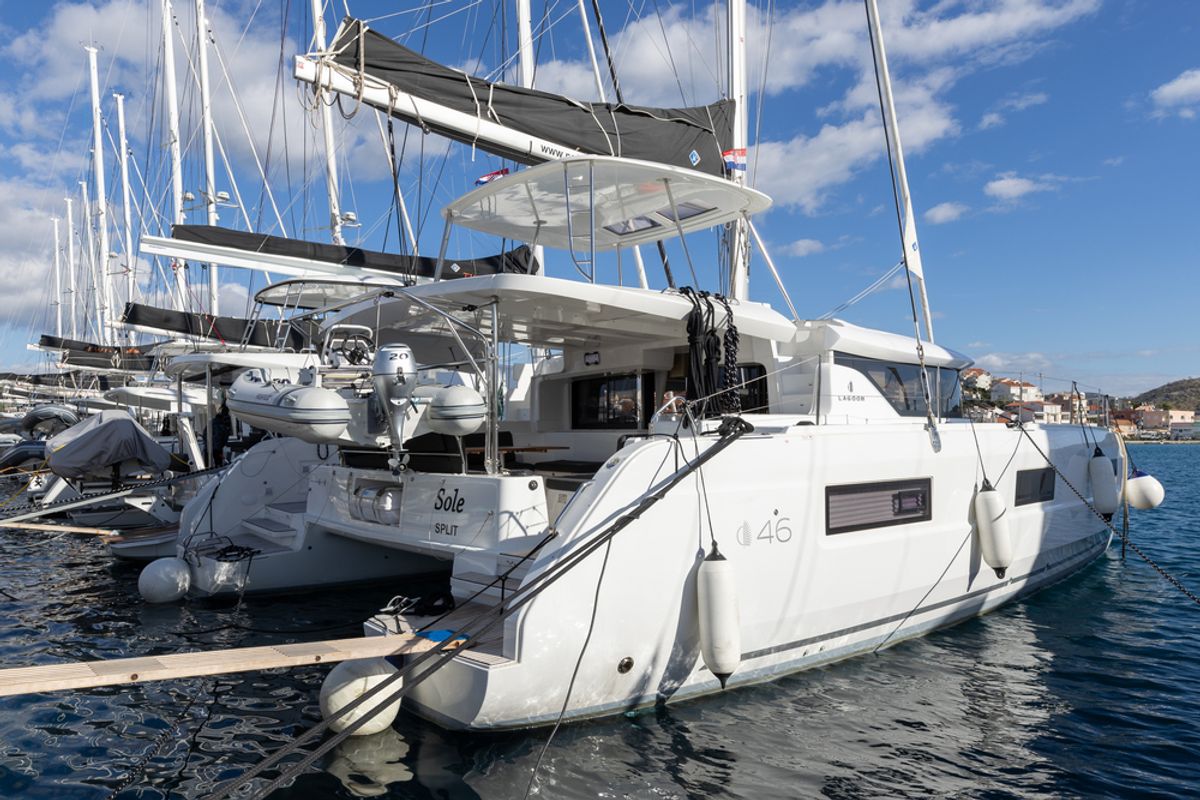 Exterior view of Cortes, a Lagoon 46 catamaran at Općina Rogoznica, Croatia