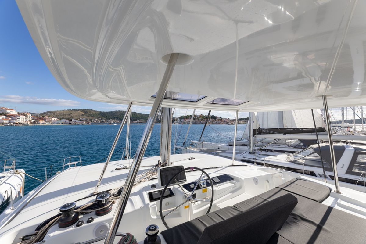 Cockpit of Cortes, a Lagoon 46 catamaran at Općina Rogoznica, Croatia