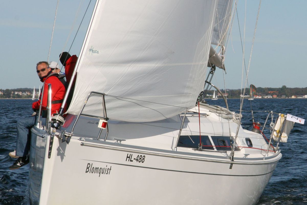 Exterior view of Blomquist, a Hanse Yachts Hanse 320 sailboat at Heiligenhafen, Germany