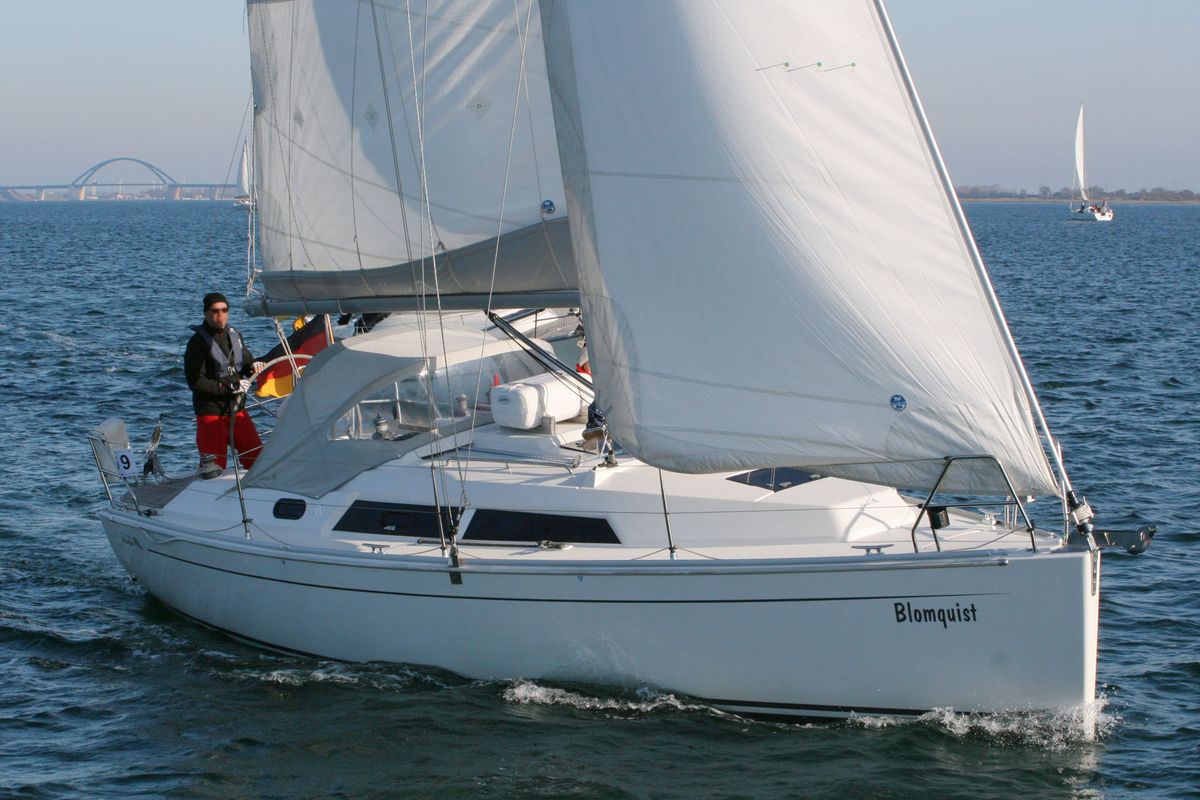 Exterior view of Blomquist, a Hanse Yachts Hanse 320 sailboat at Heiligenhafen, Germany