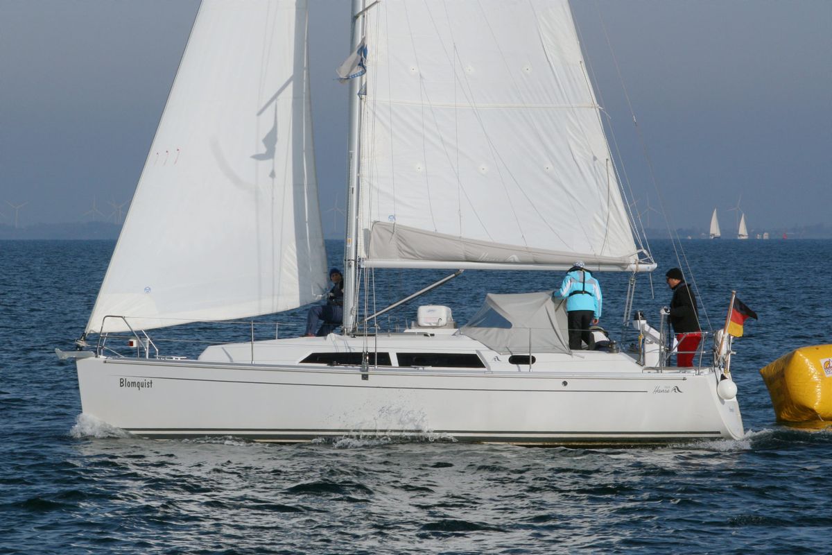 Exterior view of Blomquist, a Hanse Yachts Hanse 320 sailboat at Heiligenhafen, Germany
