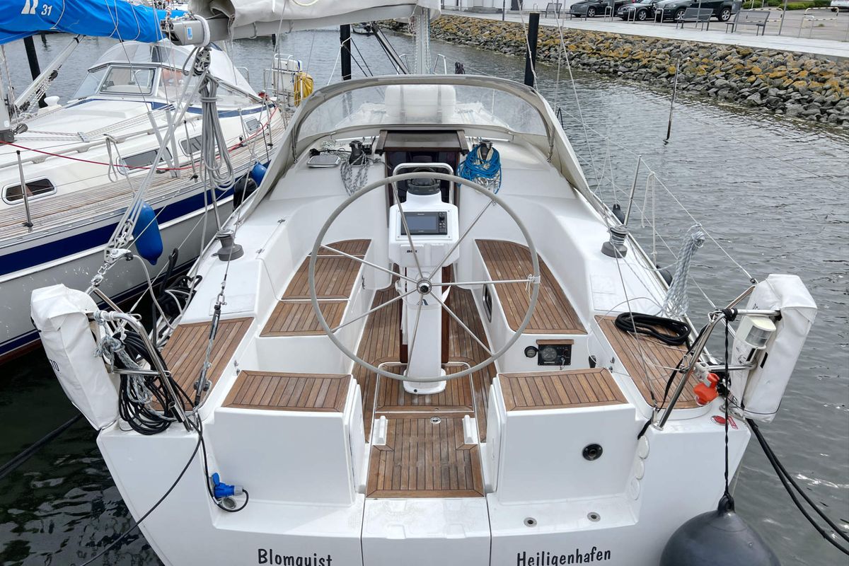 Cockpit of Blomquist, a Hanse Yachts Hanse 320 sailboat at Heiligenhafen, Germany