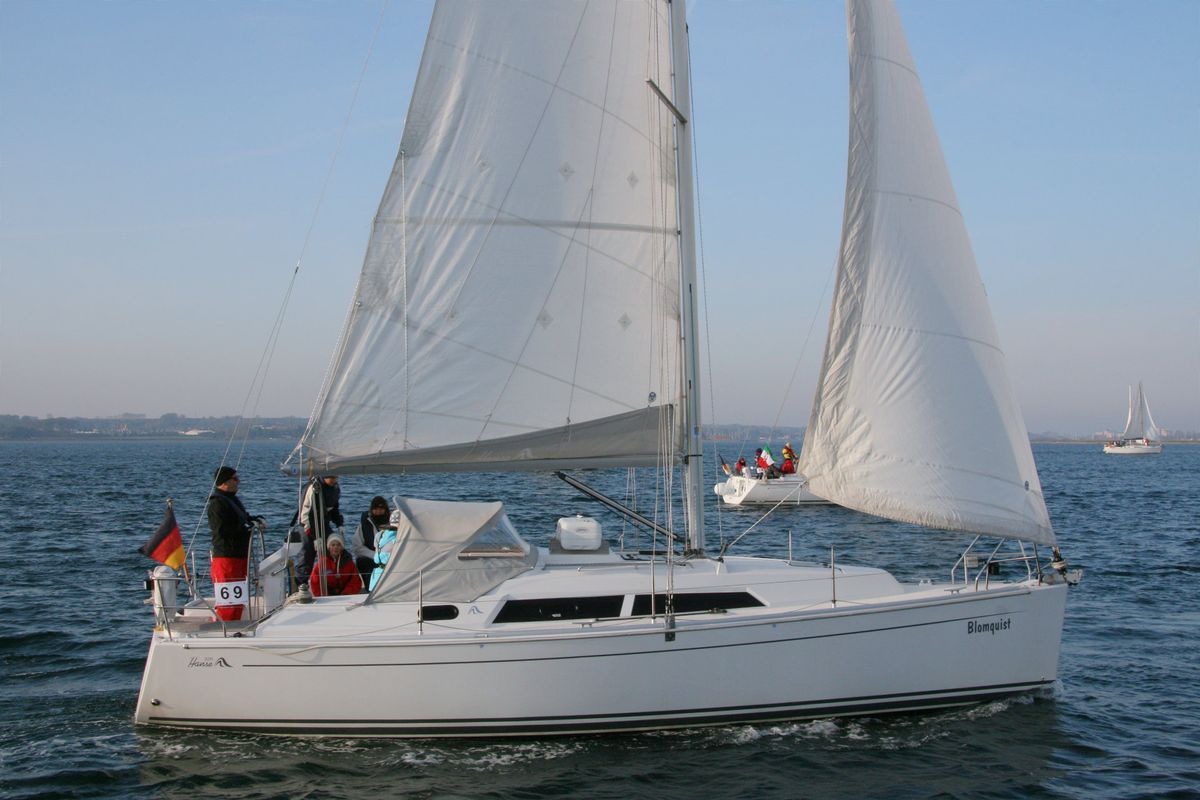 Exterior view of Blomquist, a Hanse Yachts Hanse 320 sailboat at Heiligenhafen, Germany