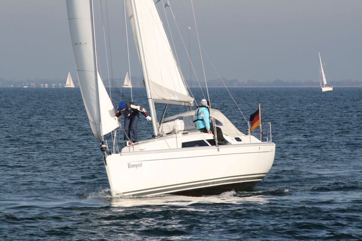 Exterior view of Blomquist, a Hanse Yachts Hanse 320 sailboat at Heiligenhafen, Germany