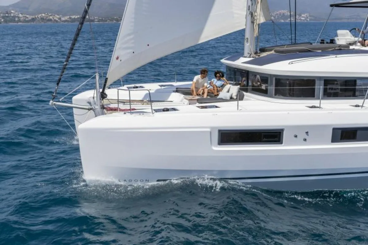 Exterior view of Athena Blu, a Lagoon 51 catamaran at Athens, Greece