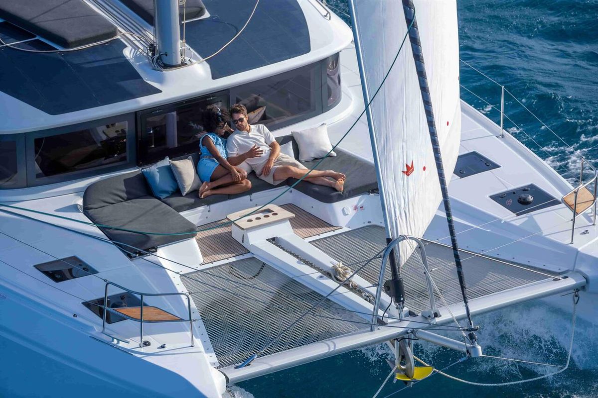 Deck of Athena Blu, a Lagoon 51 catamaran at Athens, Greece