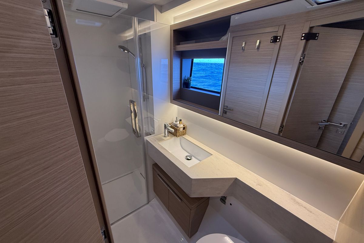 Head on Athena Blu, a Lagoon 51 catamaran at Athens, Greece