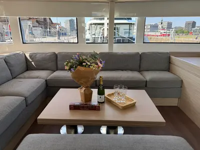 Salon of Athena Blu, a Lagoon 51 catamaran at Athens, Greece